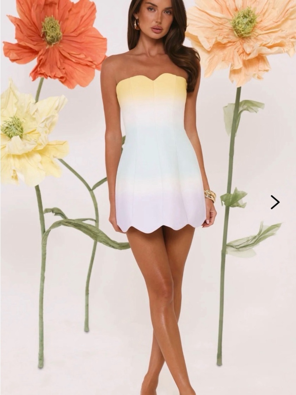Hello Molly Strapless Pastel Ombre Scallop Hem Mini Dress
